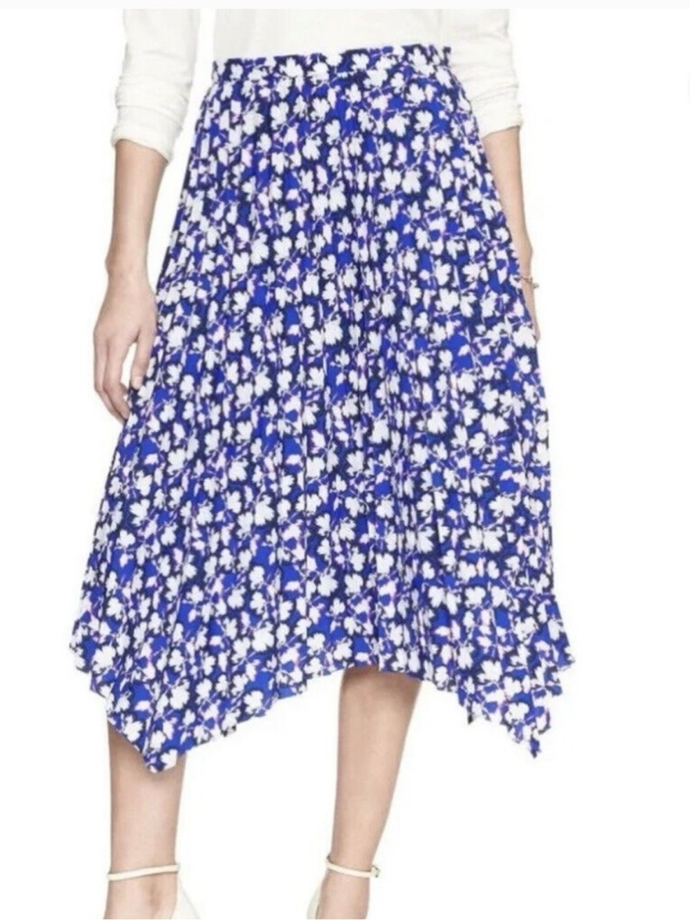 Banana Republic Blue & White Floral Asymmetrical Pleated Skirt